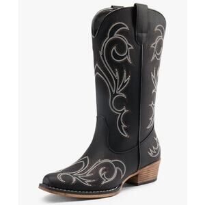 Women Cowboy Cowgirl Boots Mid Calf Square Toe Chunky Heel Embroidery Stitched